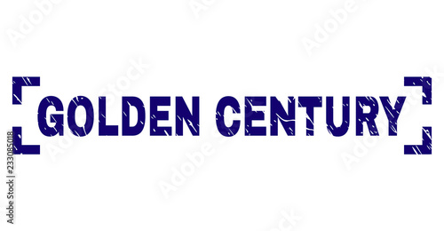 GOLDEN CENTURY text seal print with corroded texture. Text caption is placed inside corners. Blue vector rubber print of GOLDEN CENTURY with unclean texture.