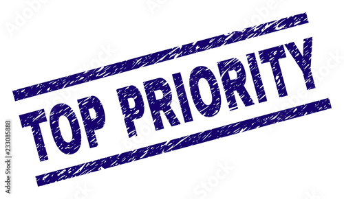 TOP PRIORITY seal print with distress style. Blue vector rubber print of TOP PRIORITY text with retro texture. Text title is placed between parallel lines.