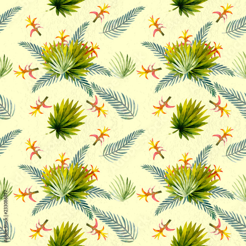 Seamless pattern. Tropical leaves watercolor background.. Tropical leaves watercolor background. Flower illustrations.