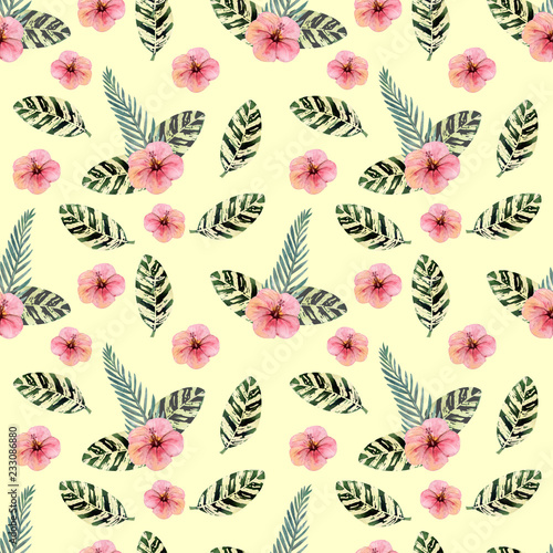 Seamless pattern. Tropical leaves watercolor background.. Tropical leaves watercolor background. Flower illustrations.