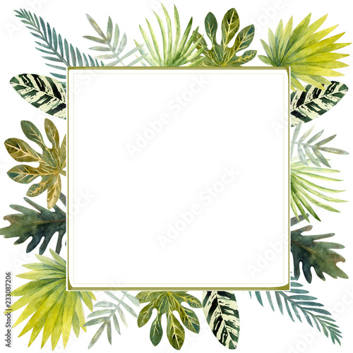 Watercolor frame of colorful tropical leaves. For invitations  greeting cards and Wallpapers.