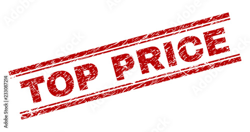 TOP PRICE seal imprint with grunge texture. Red vector rubber print of TOP PRICE text with dust texture. Text title is placed between double parallel lines.