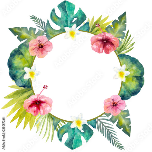Watercolor frame of colorful tropical leaves. For invitations  greeting cards and Wallpapers.