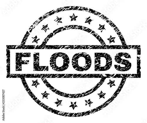 FLOODS stamp seal watermark with distress style. Designed with rectangle, circles and stars. Black vector rubber print of FLOODS text with dust texture.