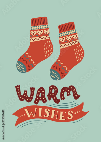 Warm wishes. Warm knitted socks. Vintage greeting card.