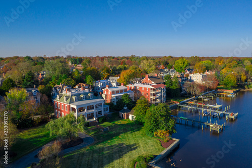 Aerial view of historic chestertown near annapolis situated on the chesapeake bay during an early november afternoon photo