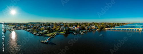 Aerial panorama view of historic colonial chestertown near annapolis situated on the chesapeake bay during an early november afternoon photo