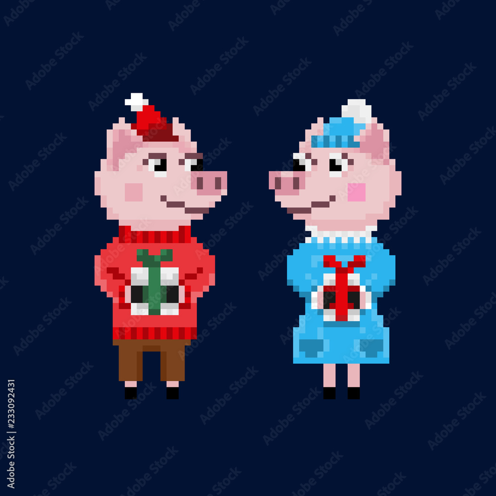 Two pixel christmas pigs in warm clothes