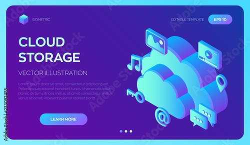 Cloud computing. Cloud with apps. Data storage device,media server. Web hosting and cloud technology. Backup, copy, migrate data between cloud storage services. Vector Illustration.