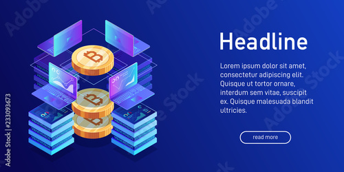 Isometric concept of mining bitcoin, landing page.
