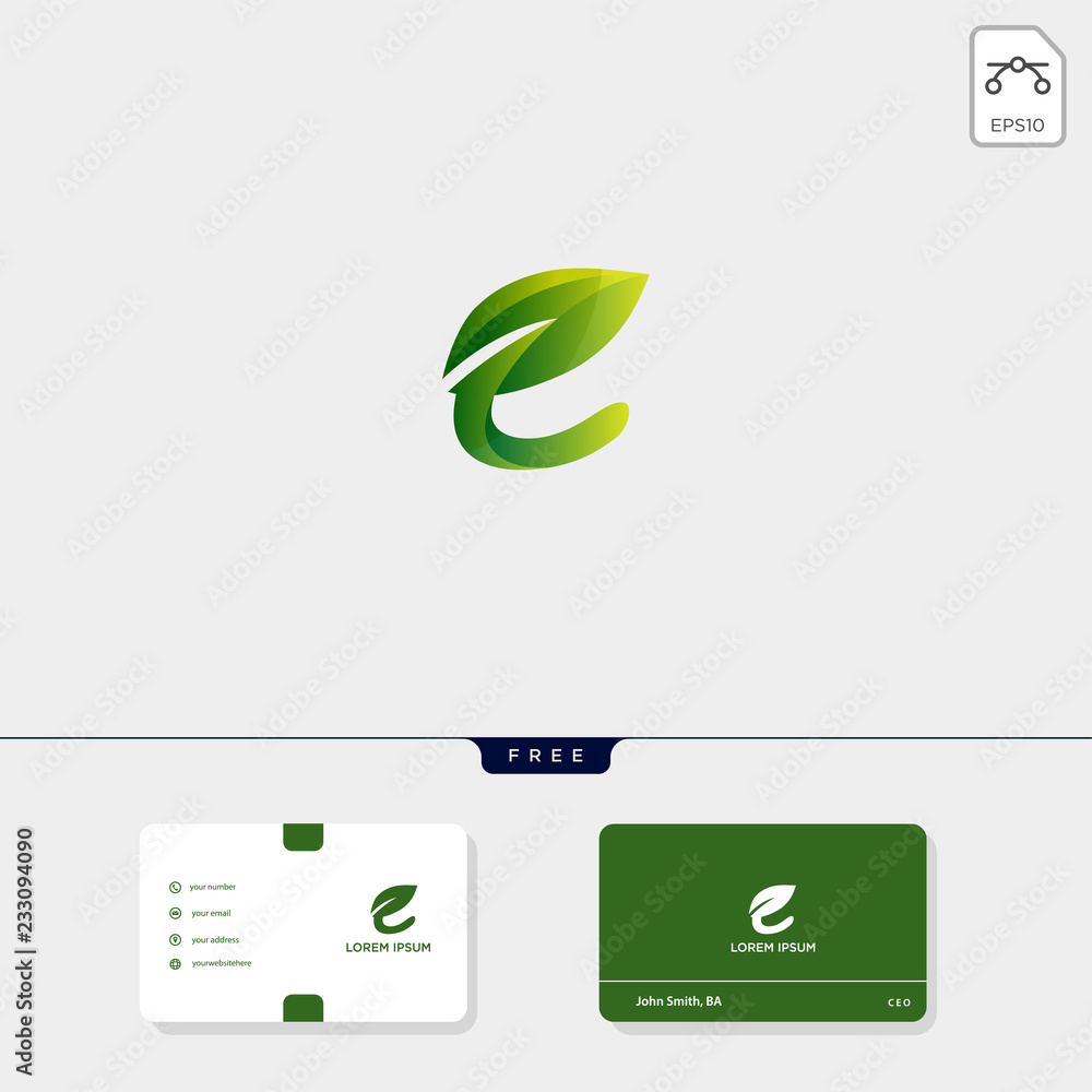 Premium initial E Nature Leaf creative logo template and business card ...