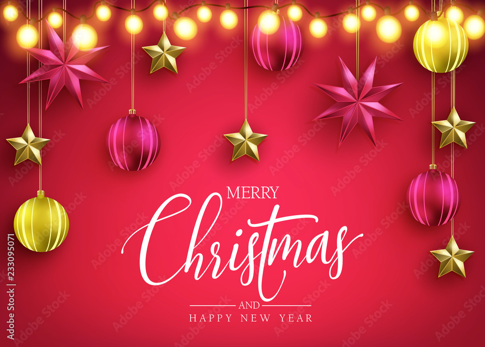 Merry Christmas and Happy New Year Message in Red Background with Realistic Gold and Red Christmas Balls with Stars and Lights Holiday Greeting Card. Vector Illustration
