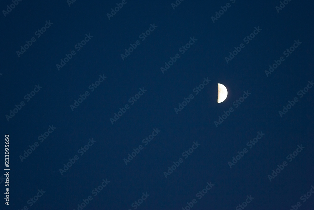 Half moon in a navy sky at dusk with copy space to the left Half moon in a navy sky at dusk with copy space to the left