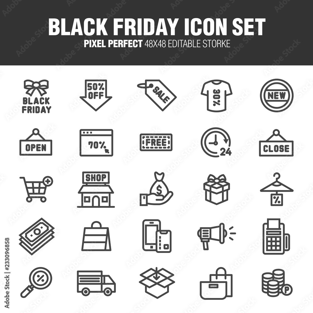 [BLACK FRIDAY ICON SET] A set of Black Friday related icons.A set of Black Friday related icons. Editable stroke. 48×48 Pixel Perfect.