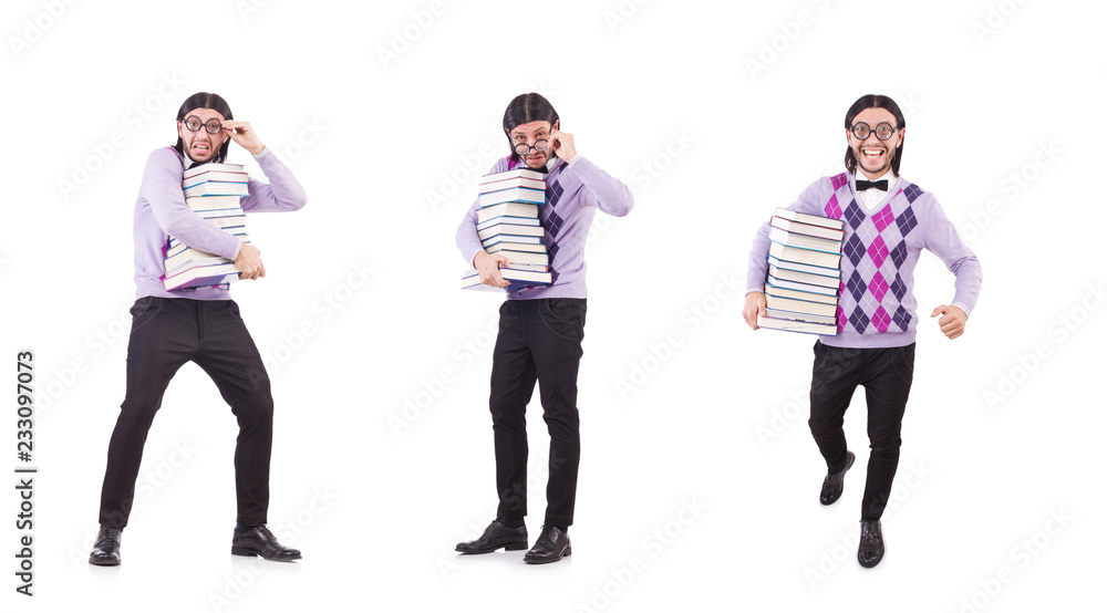 Funny student with books isolated on white Funny student with books isolated on white