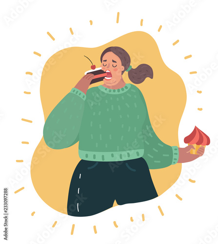 Plus size woman eating cakes. Body positive