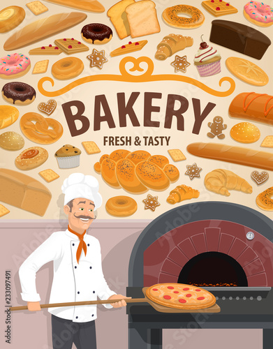 Bakery shop cakes and baker with pizza