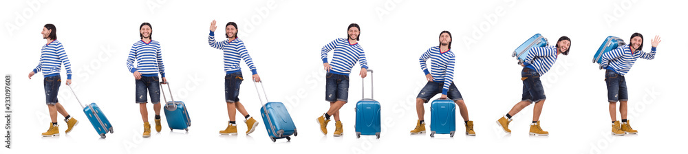 A tourist with bags isolated on white A tourist with bags isolated on white
