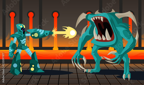 videogame robot fighting a demon 