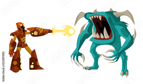 videogame robot fighting a demon 