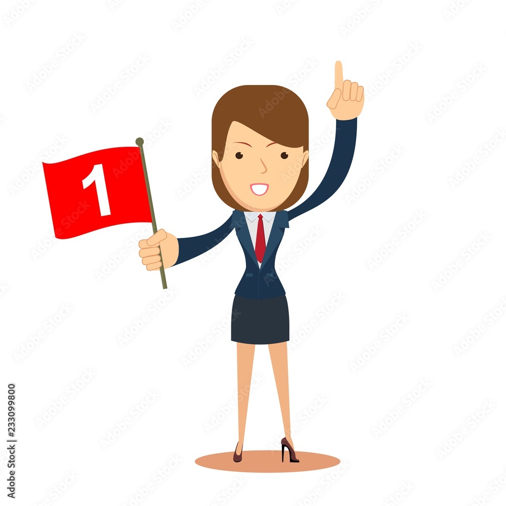businesswoman with number one flag. Stock flat vector illustration. businesswoman with number one flag. Stock flat vector illustration.
