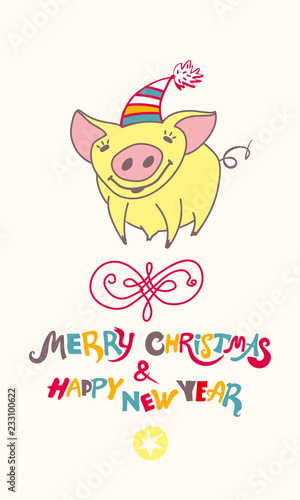 Cute greeting card with a pretty yellow pig. Merry Christmas & Happy New Year! Christmas decor. Vector New Year's design.