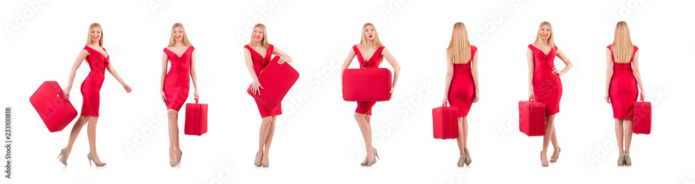Blondie in red dress with suitcase isolated on white Blondie in red dress with suitcase isolated on white