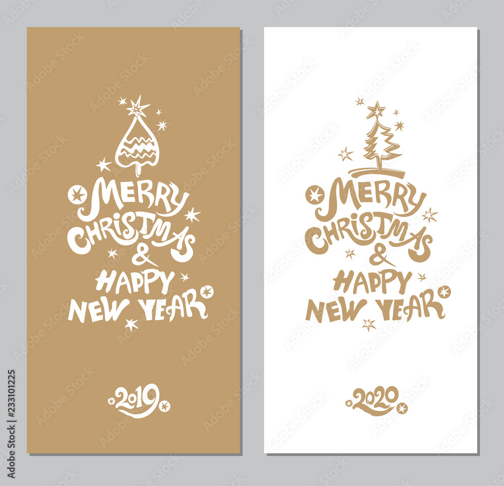Merry Christmas & Happy New Year! Two greeting cards with an inscription and a Xmas tree and snow. Vector template for the 2019, 2020 New Years.