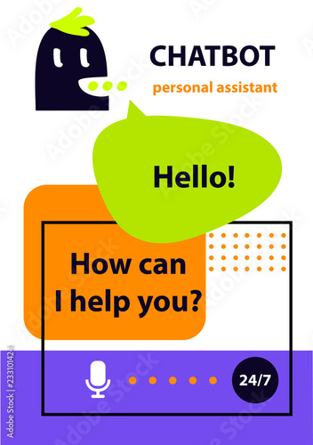 Voice service chat bot.  Concept banner with head robot chatbot.