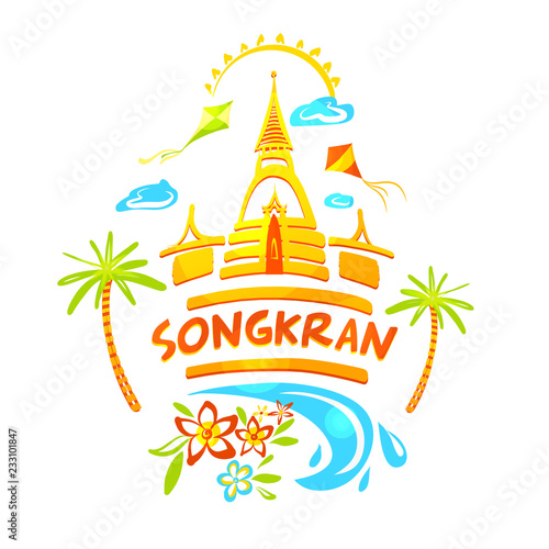 Sketch colorful style logo. Freehand drawn element design for banner, poster for fun smile party. Vector illustration. Template flyer traditional thai new year day. Thailand festival happy songkran