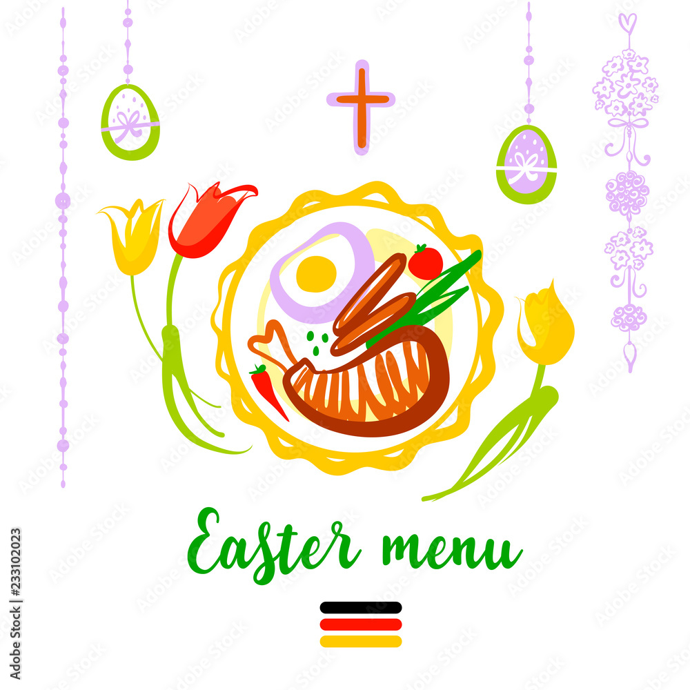Easter menu element design. Happy holiday party. Silhouette cross, egg and flower tulip Easter menu element design. Happy holiday party. Silhouette cross, egg and flower tulip