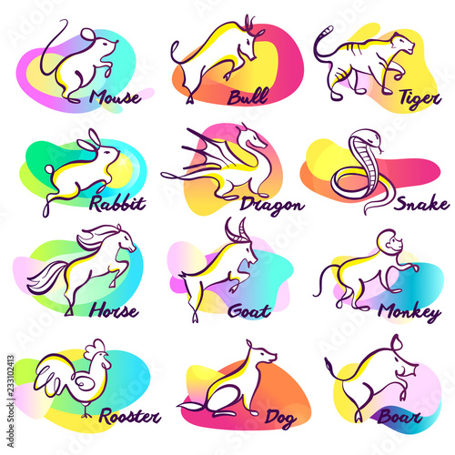Set of twelve lunar zodiac horoscope sign. Concept chinese happy new year