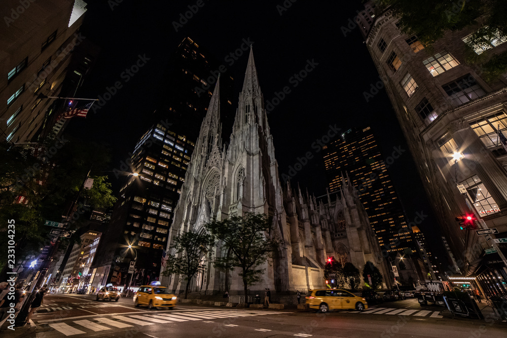 Night photo of St Patrick's Cathedral, New York