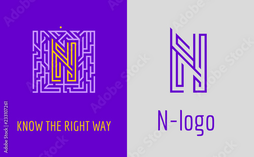 N letter logo maze. Creative logo for corporate identity of company: letter N. The logo symbolizes labyrinth, choice of right path, solutions. 