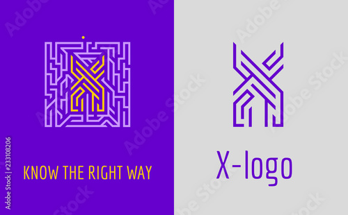 X letter logo maze. Creative logo for corporate identity of company: letter X. The logo symbolizes labyrinth, choice of right path, solutions. 