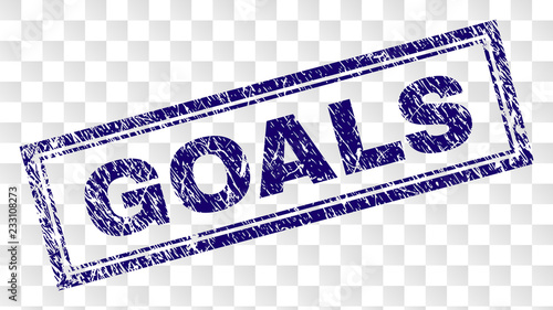 GOALS stamp seal print with rubber print style and double framed rectangle shape. Stamp is placed on a transparent background. Blue vector rubber print of GOALS title with unclean texture.