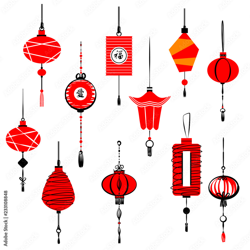 Template decorative chinese style red lantern. Hieroglyph english translate good luck and love. Set of element design asian art. Vector illustration