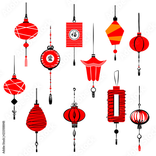 Template decorative chinese style red lantern. Hieroglyph english translate good luck and love. Set of element design asian art. Vector illustration