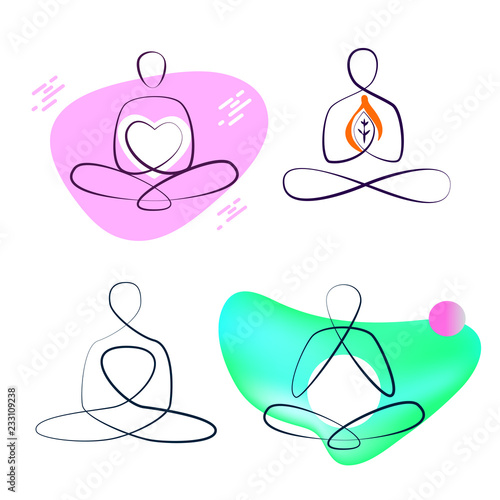 Freehand drawn line silhouette abstract girl sitting in lotus pose. Concept yoga logo, badge, insignia. Template idea design image for Meditation Spa Health business