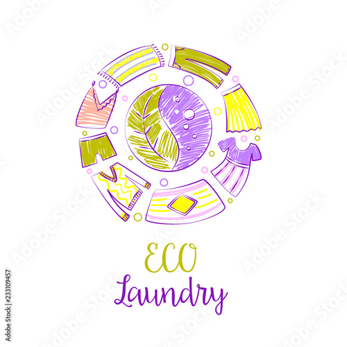 Self-service laundry logo. Bubble and clothes in circle. Freehand drawn template creative laundry logotype, label, badge. Eco, express, energy efficiency business. Vector illustration.