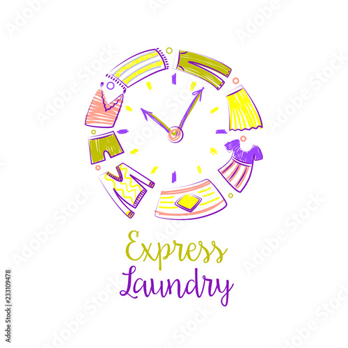 Self-service laundry logo. Bubble and clothes in clock. Freehand drawn template creative laundry logotype, label, badge. Eco, express, energy efficiency business. Vector illustration
