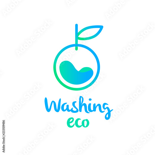 Eco, energy efficiency washing business. Self-service laundry logo. Freehand drawn template creative laundry logotype, label, badge. Image with blue apple with water drop inside. Vector illustration