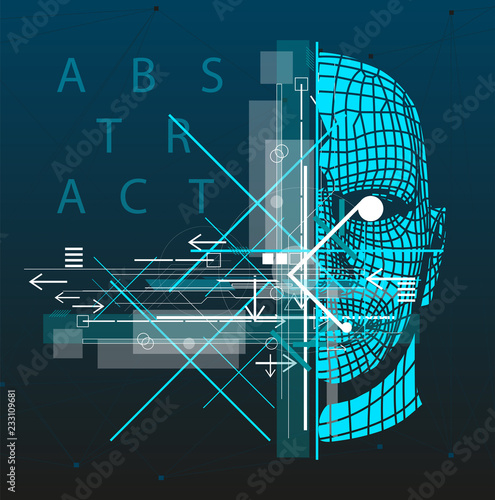 Bright poster with dynamic arrows and lines. The poster with man head.  Abstract geometric background. Vector illustration.