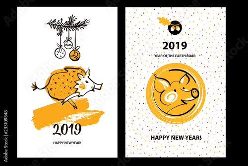 Template set of poster, flyer with silhouette Pig. Invitation greeting banner, postcard, sale, winter party event. Earth Boar symbol of Lunar Chinese New Year 2019. Vector illustration