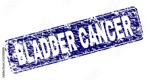 BLADDER CANCER stamp seal print with distress style. Seal shape is a rounded rectangle with frame. Blue vector rubber print of BLADDER CANCER title with corroded style.