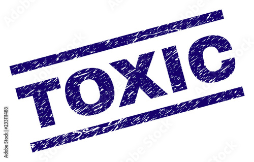 TOXIC seal imprint with scratced style. Blue vector rubber print of TOXIC text with corroded texture. Text title is placed between parallel lines.