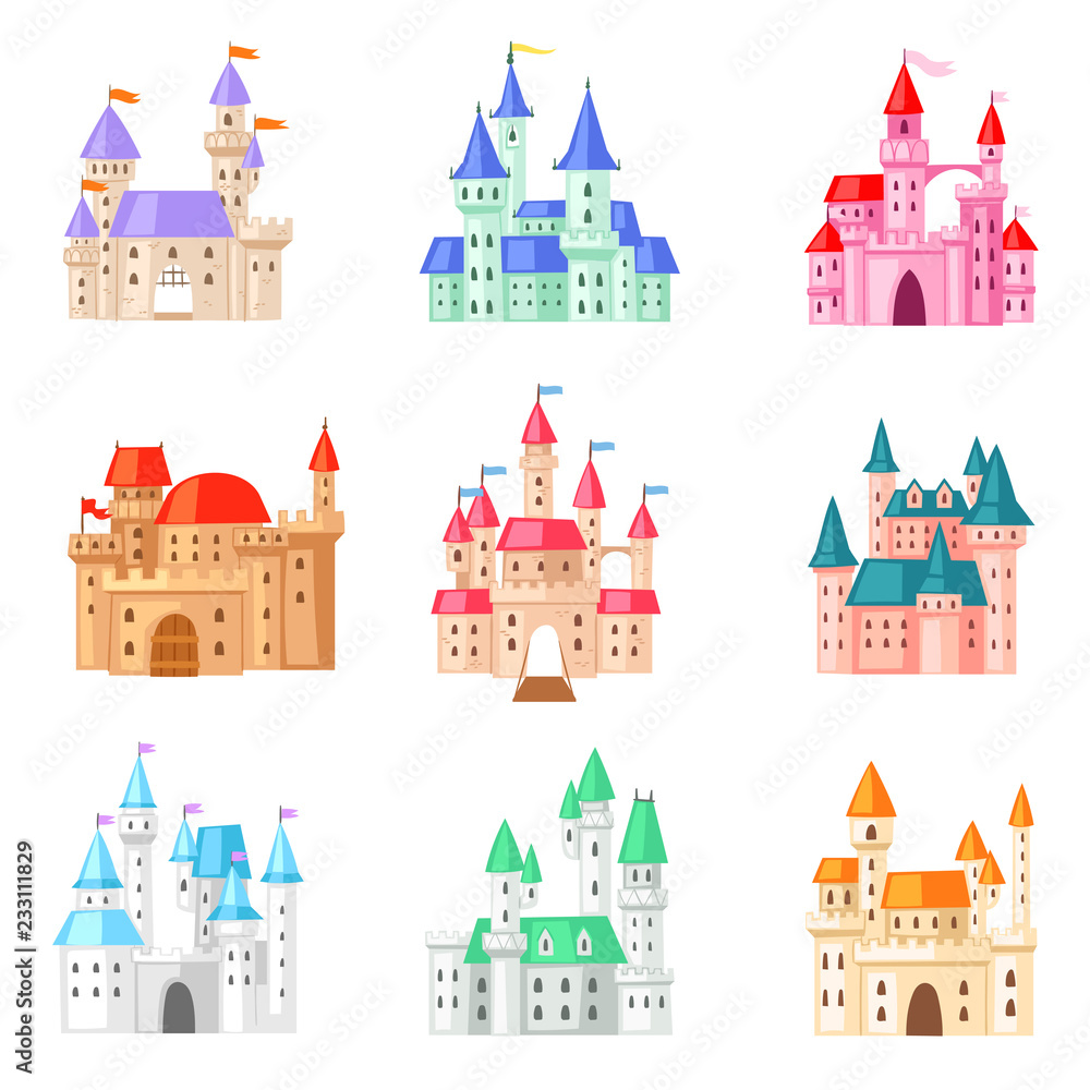 Cartoon castle vector fairytale medieval tower of fantasy palace building in kingdom fairyland illustration childish set of princess fairy-tale house isolated on white background