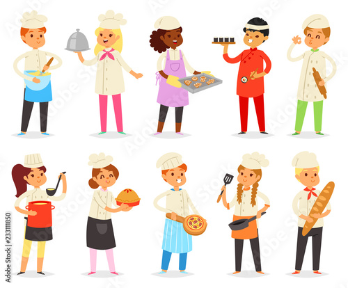 Cooking child vector children characters boy girl chef cooking food baking cookies illustration kitchener set of kids preparing pastry in kitchen isolated on white background