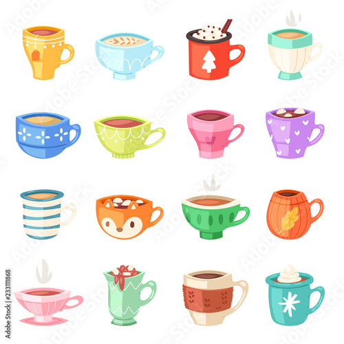 Cartoon cup vector kids mugs hot coffee or tea cupful on breakfast and various shapes of coffeecup illustration set of Christmas mugful morning beverage teacup isolated on white background