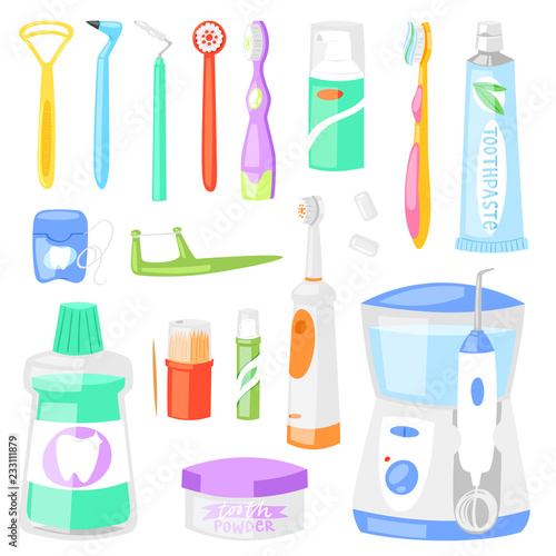 Toothbrush vector dental hygiene tooth brush for brushing teeth with toothpaste illustration dentistry set of cartoon brushed tool toothpick toothfloss water-pik isolated on white background